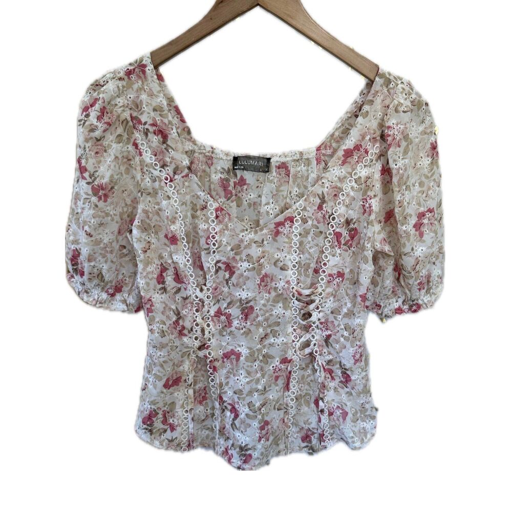 Lulumari Sheer Embroidered Floral Double Ring Trim Lace Up Puff Sleeve Blouse S